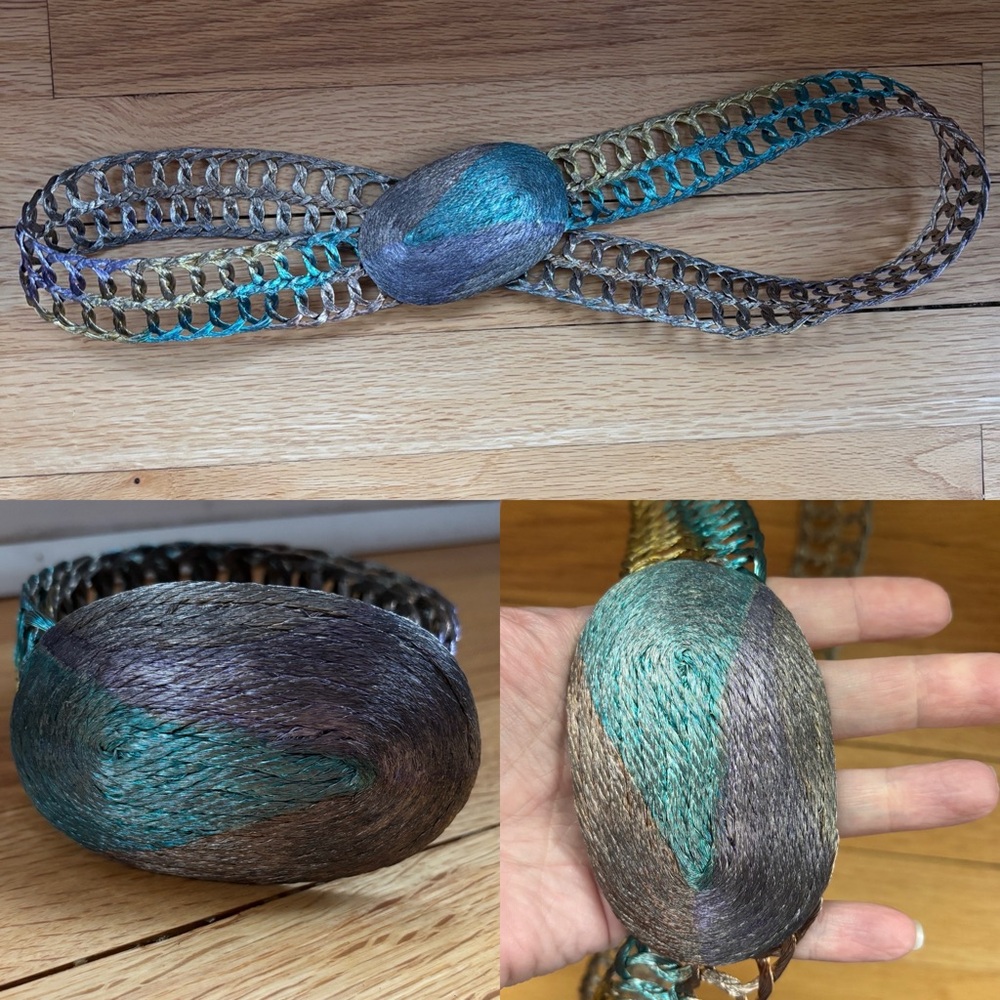 Vintage Braided Wire Belt Made Greece 36"โ Woven Metal Tricolor Purple Teal Gold